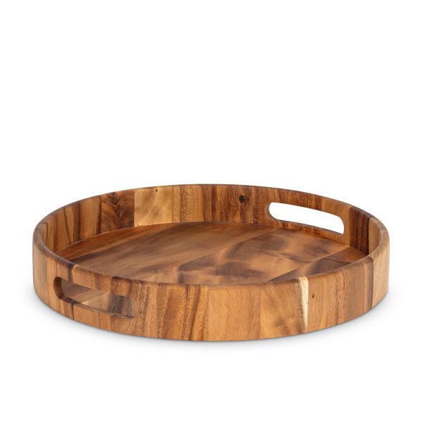 ROUND WOODEN TRAY W/ HANDLES